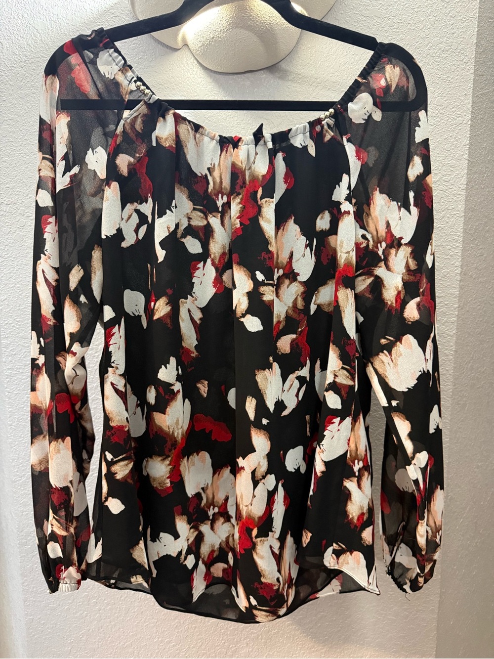 Women’s Black Floral Long-Sleeve Blouse with Red and Cream Accents